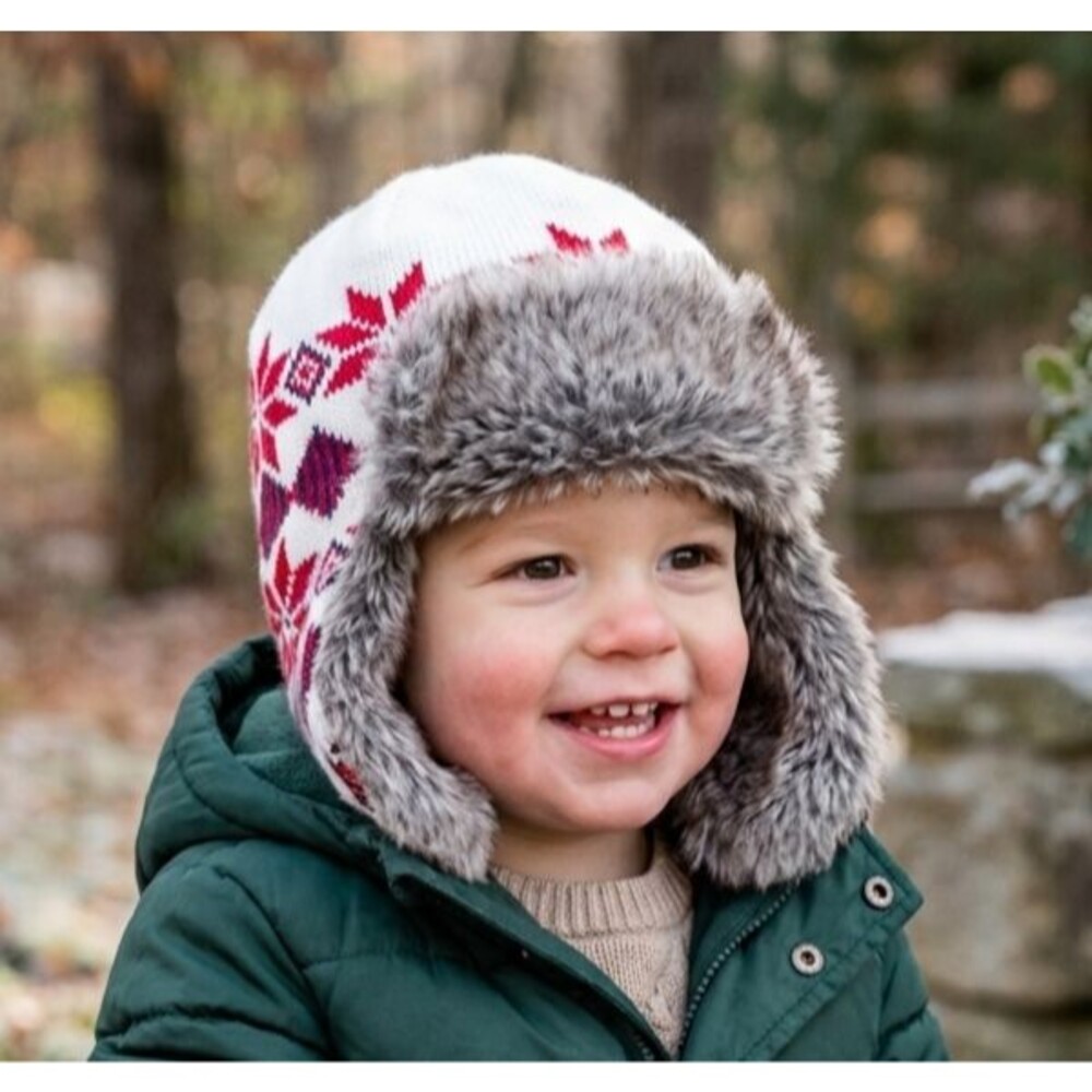 Janie & Jack Fair Isle Trapper Hat Faux Fur Knit Beanie 12-24M Holiday Red White